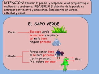 ¡ATENCIÓN! Escucha la poesía y responde a las preguntas que
realizará tu profesora. ¡RECUERDA! El objetivo de la poesía es
entregar sentimiento y emociones. Está escrito en versos,
estrofas y rimas.



                  EL SAPO VERDE

   Verso           Ese sapo verde
                   se esconde y se pierde;
                   así no lo besa
                   ninguna princesa.


                   Porque con un beso
 Estrofa           él se hará princesa
                   o príncipe guapo;                   Rima
                   ¡Y él quiere ser sapo!
 