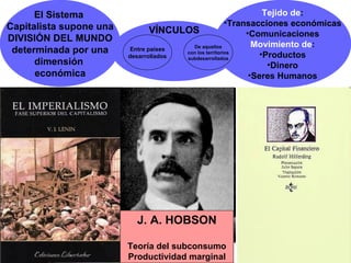 J. A. HOBSON Teoría del subconsumo Productividad marginal El Sistema  Capitalista supone una DIVISIÓN DEL MUNDO determinada por una dimensión  económica Tejido de : Transacciones económicas Comunicaciones Movimiento de : Productos Dinero Seres Humanos VÍNCULOS Entre países desarrollados De aquellos con los territorios subdesarrollados 