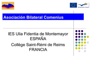 Asociación Bilateral Comenius



  IES Ulia Fidentia de Montemayor
              ESPAÑA
    Collège Saint-Rémi de Reims
              FRANCIA
 