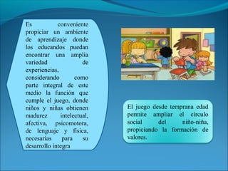 Es conveniente 
propiciar un ambiente 
de aprendizaje donde 
los educandos puedan 
encontrar una amplia 
variedad de 
experiencias, 
considerando como 
parte integral de este 
medio la función que 
cumple el juego, donde 
niños y niñas obtienen 
madurez intelectual, 
afectiva, psicomotora, 
de lenguaje y física, 
necesarias para su 
desarrollo integra 
El juego desde temprana edad 
permite ampliar el círculo 
social del niño-niña, 
propiciando la formación de 
valores. 
