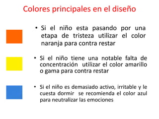 Colores principales en el diseño

   • Si el niño esta pasando por una
     etapa de tristeza utilizar el color
     naranja para contra restar

   • Si el niño tiene una notable falta de
     concentración utilizar el color amarillo
     o gama para contra restar

   • Si el niño es demasiado activo, irritable y le
     cuesta dormir se recomienda el color azul
     para neutralizar las emociones
 