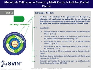 Modelo de Calidad en el Servicio y Medición de la Satisfacción del
                            Cliente

Paso 2                        Estrategia - Modelo
                                    Con base en la estrategia de la organización y la descripción y
                                    valoración del nivel actual de satisfacción de los clientes, se
                                    determinan los elementos que formarán parte del Modelo Propio
                                    de Calidad en el Servicio y Medición de la Satisfacción del Cliente
    Estrategia - Modelo
                                •   Capacitación:

                                         Curso: Calidad en el Servicio y Medición de la Satisfacción del
                                          Cliente (24 hs.)
                                       Curso: Calidad en el Servicio en los Centros de Contacto con
                                          el Cliente y Medición de la Satisfacción (24 hs.)
                                       Introducción de UNE- ISO 10001/02 y 03: Satisfacción del
                                          Cliente (3 y 16 hs.)
                                       Introducción a UNE-EN 15838. CCC: Centros de Contacto con
                                          el Cliente (3 y 16 hs.)
                                •   Diseño de Procesos de Mejora Continua para la Satisfacción del
                                    Cliente
                                •   Diseño de Sistema de Medición de la Satisfacción del Cliente y sus
                                    Instrumentos de Medición
                                •   Definición del Código de Compromiso para la Satisfacción del
                                    Cliente (Carta de Servicios) ISO 93200
                                                                                                      12
                          www.svin.com.mx   |   contacto@svin.com.mx
 