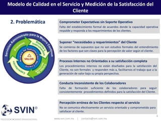 Modelo de Calidad en el Servicio y Medición de la Satisfacción del
                            Cliente

 2. Problemática         Comprometer Expectativas sin Soporte Operativo
                         Falta del establecimiento formal de acuerdos donde la capacidad operativa
                         respalde y responda a los requerimientos de los clientes.


                         Suponer “necesidades y requerimientos” del Cliente
                         Se comienza de supuestos que no son estudios formales del entendimiento
                         de los factores que son claves para la percepción de valor según el cliente.


                         Procesos Internos no Orientados a su satisfacción completa
                         Los procedimientos internos no están diseñados para la satisfacción del
                         Cliente, no son formales y responden más a, facilitarnos el trabajo que a la
                         generación de valor bajo su propia perspectiva.


                         Conducta Inconsistente de los Colaboradores
                         Falta de formación suficiente de los colaboradores para seguir
                         consistentemente procedimientos definidos para la satisfacción del Cliente.


                         Percepción errónea de los Clientes respecto al servicio
                         No se comunica efectivamente un servicio orientado y comprometido para
                         satisfacer al cliente.
                                                                                                    6
                     www.svin.com.mx   |   contacto@svin.com.mx
 