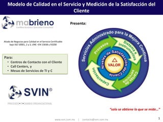 Modelo de Calidad en el Servicio y Medición de la Satisfacción del
                               Cliente

                                                              Presenta:



Aliado de Negocios para Calidad en el Servicio Certificable
     bajo ISO 10001, 2 y 3, UNE –EN 15838 y 93200




Para:
   • Centros de Contacto con el Cliente
   • Call Centers, y
   • Mesas de Servicios de TI y C




                                                                                                “solo se obtiene lo que se mide…”

                                                   www.svin.com.mx   |   contacto@svin.com.mx                                  1
 