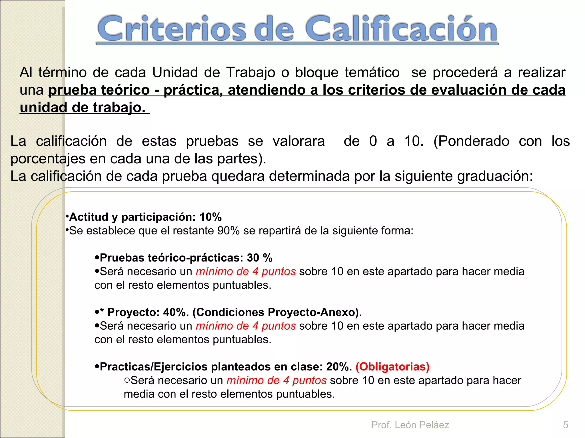 Al término de cada Unidad de Trabajo o bloque temático  se procederá a realizar una  prueba teórico - práctica, atendiendo a los criterios de evaluación de cada unidad de trabajo.  La calificación de estas pruebas se valorara  de 0 a 10. (Ponderado con los porcentajes en cada una de las partes). La calificación de cada prueba quedara determinada por la siguiente graduación: Actitud y participación: 10% Se establece que el restante 90% se repartirá de la siguiente forma: Pruebas teórico-prácticas: 30 % Será necesario un  mínimo de 4 puntos  sobre 10 en este apartado para hacer media con el resto elementos puntuables. * Proyecto: 40%. (Condiciones Proyecto-Anexo).   Será necesario un  mínimo de 4 puntos  sobre 10 en este apartado para hacer media con el resto elementos puntuables. Practicas/Ejercicios planteados en clase: 20%.  (Obligatorias) Será necesario un  mínimo de 4 puntos  sobre 10 en este apartado para hacer media con el resto elementos puntuables. Prof. León Peláez 