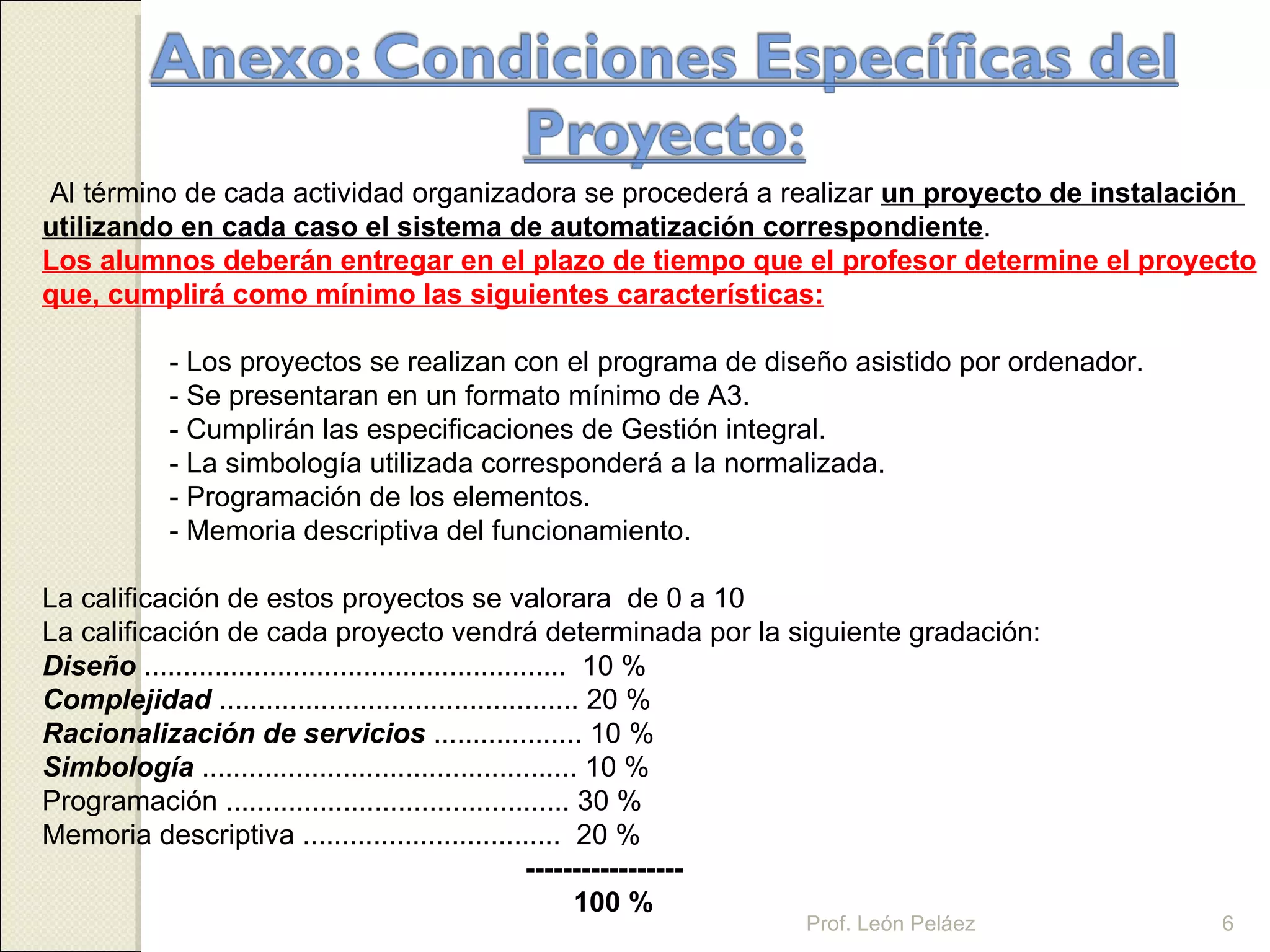 Al término de cada actividad organizadora se procederá a realizar  un proyecto de instalación  utilizando en cada caso el sistema de automatización correspondiente .  Los alumnos deberán entregar en el plazo de tiempo que el profesor determine el proyecto que, cumplirá como mínimo las siguientes características: - Los proyectos se realizan con el programa de diseño asistido por ordenador. - Se presentaran en un formato mínimo de A3. - Cumplirán las especificaciones de Gestión integral. - La simbología utilizada corresponderá a la normalizada. - Programación de los elementos. - Memoria descriptiva del funcionamiento. La calificación de estos proyectos se valorara  de 0 a 10 La calificación de cada proyecto vendrá determinada por la siguiente gradación: Diseño  ......................................................  10 % Complejidad  .............................................. 20 % Racionalización de servicios  ................... 10 % Simbología  ................................................ 10 % Programación ............................................ 30 % Memoria descriptiva .................................  20 %   -----------------   100 % Prof. León Peláez 