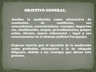 OBJETIVO GENERAL:

 Analizo   la mediación como alternativa de
 resolución          de        conflictos,      sus
 antecedentes, características, ventajas, importan
 cia, clasificación, etapas, procedimientos, prepar
 ación, efectos, marco referencial – legal y sus
 consecuencias en el sistema judicial Paraguayo.

 Expreso interés por el ejercicio de la mediación
 como profesión alternativa a la de abogado
 litigante, debido a las ventajas que ofrece este
 proceso.
 