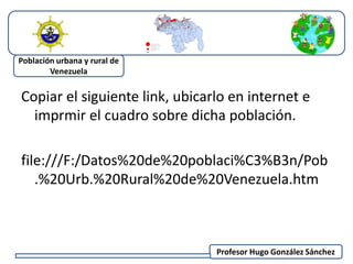 Profesor Hugo González Sánchez 
Población urbana y rural de 
Venezuela 
Copiar el siguiente link, ubicarlo en internet e 
imprmir el cuadro sobre dicha población. 
file:///F:/Datos%20de%20poblaci%C3%B3n/Pob 
.%20Urb.%20Rural%20de%20Venezuela.htm 
