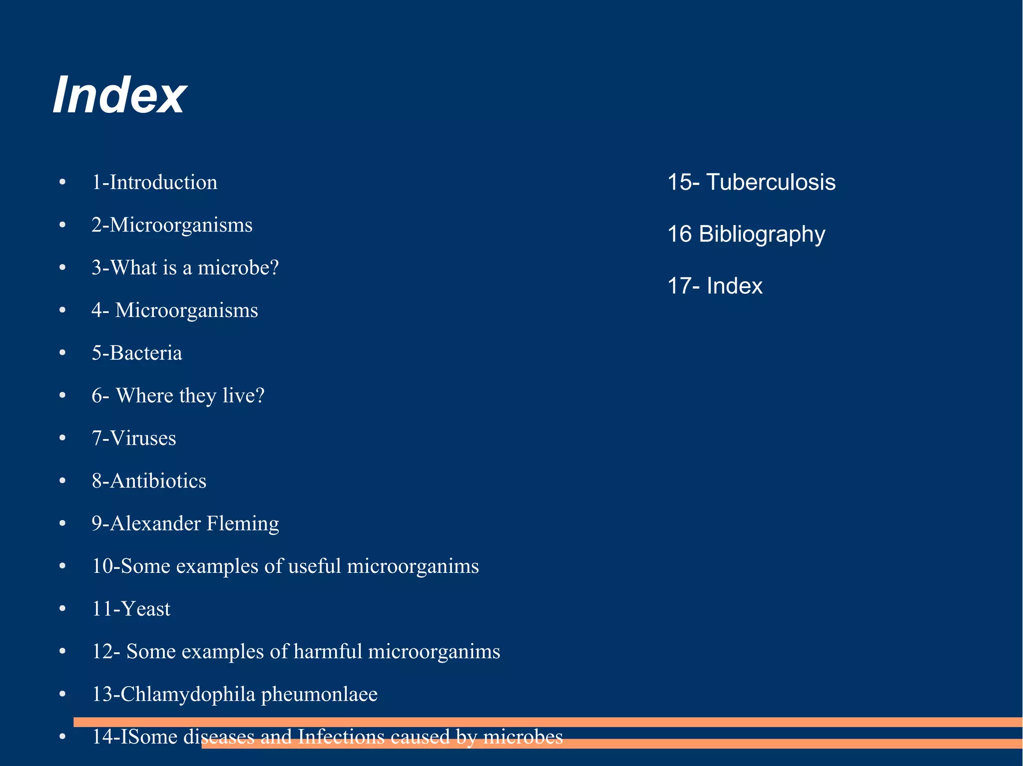 Index
●

1-Introduction

15- Tuberculosis

●

2-Microorganisms

16 Bibliography

●

3-What is a microbe?

●

4- Microorganisms

●

5-Bacteria

●

6- Where they live?

●

7-Viruses

●

8-Antibiotics

●

9-Alexander Fleming

●

10-Some examples of useful microorganims

●

11-Yeast

●

12- Some examples of harmful microorganims

●

13-Chlamydophila pheumonlaee

●

14-ISome diseases and Infections caused by microbes

17- Index

 