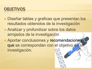 OBJETIVOS
 Diseñar tablas y graficas que presentan los
resultados obtenidos de la investigación
 Analizar y profundizar sobre los datos
arrojados de la investigación
 Aportar conclusiones y recomendaciones
que se correspondan con el objetivo de la
investigación.
 