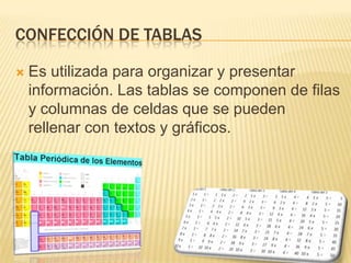 CONFECCIÓN DE TABLAS
 Es utilizada para organizar y presentar
información. Las tablas se componen de filas
y columnas de celdas que se pueden
rellenar con textos y gráficos.
 