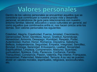 Dentro de los valores personales se encuentran aquellos que se
considera que contribuyen a nuestra propia vida y desarrollo
personal, sirviéndonos de guía para relacionarnos con nuestro
entorno familiar, laboral, educativo y socio culturales en general, así
como aquellos que combinados entre sí, nos hacen únicos ante los
demás. Son valores personales los siguientes:
Fidelidad, Alegría, Creatividad, Fuerza, Amistad, Crecimiento,
Generosidad, Amor, Gentileza, Apoyo, Gratitud, Aprendizaje,
Honestidad, Armonía, Desapego, Humildad, Respeto, Poder,
Autenticidad, Humor, Honor, Romance, Disciplina, Sabiduría,
Belleza, Independencia, Seguridad, Empatía, Integridad, Sencillez,
Bondad, Entrega, Serenidad, Entusiasmo, Lealtad, Sinceridad,
Espiritualidad, Limpieza, Comprensión, Madurez, Suavidad,
puntualidad, Nobleza, Éxito, Paciencia, Confianza, Familia,
Tranquilidad, Constancia, Pasión, Valentía, Paz interior, Franqueza,
Honestidad, Paternidad, Maternidad, Ternura. A su vez se pueden
dividir en valores morales, espirituales, religiosos, socioculturales,
etc.
 