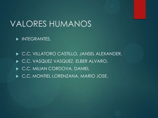 VALORES HUMANOS
 INTEGRANTES.
 C.C. VILLATORO CASTILLO, JANSEL ALEXANDER.
 C.C. VASQUEZ VASQUEZ, ELBER ALVARO.
 C.C. MILIAN CORDOVA, DANIEL
 C.C. MONTIEL LORENZANA, MARIO JOSE.
 