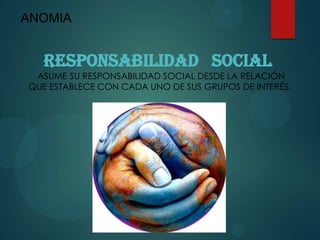 ANOMIA
RESPONSABILIDAD SOCIAL
ASUME SU RESPONSABILIDAD SOCIAL DESDE LA RELACIÓN
QUE ESTABLECE CON CADA UNO DE SUS GRUPOS DE INTERÉS.
 