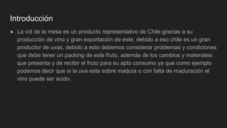 Introducción
● La vid de la mesa es un producto representativo de Chile gracias a su
producción de vino y gran exportación de este, debido a eso chile es un gran
productor de uvas, debido a esto debemos considerar problemas y condiciones
que debe tener un packing de este fruto, además de los cambios y materiales
que presenta y de recibir el fruto para su apto consumo ya que como ejemplo
podemos decir que si la uva esta sobre madura o con falta de maduración el
vino puede ser acido.
 