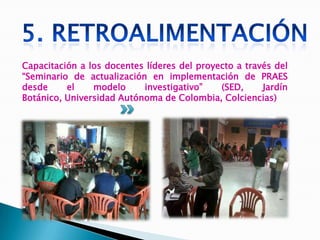 Capacitación a los docentes líderes del proyecto a través del
“Seminario de actualización en implementación de PRAES
desde     el    modelo     investigativo”    (SED,     Jardín
Botánico, Universidad Autónoma de Colombia, Colciencias)
 