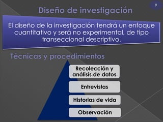9




El diseño de la investigación tendrá un enfoque
   cuantitativo y será no experimental, de tipo
            transeccional descriptivo.



                     Recolección y
                    análisis de datos

                       Entrevistas

                    Historias de vida

                      Observación
 