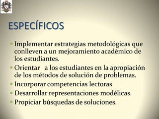 ESPECÍFICOS
 Implementar estrategias metodológicas que
  conlleven a un mejoramiento académico de
  los estudiantes.
 Orientar a los estudiantes en la apropiación
  de los métodos de solución de problemas.
 Incorporar competencias lectoras
 Desarrollar representaciones modélicas.
 Propiciar búsquedas de soluciones.
 