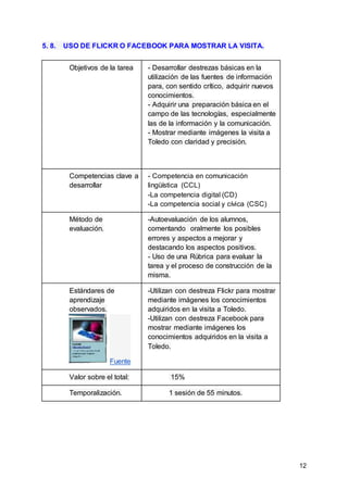12
5. 8. USO DE FLICKR O FACEBOOK PARA MOSTRAR LA VISITA.
Objetivos de la tarea - Desarrollar destrezas básicas en la
utilización de las fuentes de información
para, con sentido crítico, adquirir nuevos
conocimientos.
- Adquirir una preparación básica en el
campo de las tecnologías, especialmente
las de la información y la comunicación.
- Mostrar mediante imágenes la visita a
Toledo con claridad y precisión.
Competencias clave a
desarrollar
- Competencia en comunicación
lingüística (CCL)
-La competencia digital (CD)
-La competencia social y cívica (CSC)
Método de
evaluación.
-Autoevaluación de los alumnos,
comentando oralmente los posibles
errores y aspectos a mejorar y
destacando los aspectos positivos.
- Uso de una Rúbrica para evaluar la
tarea y el proceso de construcción de la
misma.
Estándares de
aprendizaje
observados.
Fuente
-Utilizan con destreza Flickr para mostrar
mediante imágenes los conocimientos
adquiridos en la visita a Toledo.
-Utilizan con destreza Facebook para
mostrar mediante imágenes los
conocimientos adquiridos en la visita a
Toledo.
Valor sobre el total: 15%
Temporalización. 1 sesión de 55 minutos.
 