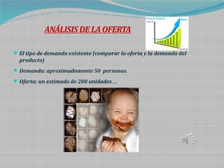 ANÁLISIS DELAOFERTA
El tipo de demanda existente (comparar la oferta y la demanda del
producto)
Demanda: aproximadamente 50 personas.
Oferta: un estimado de 200 unidades . .
 