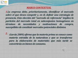 MARCO CONTEXTUAL
1.La empresa debe, prioritariamente, identificar el mercado
sobre el que desea competir y, en él, definir una estrategia de
presencia. Esta elección del "mercado de referencia" implica la
partición del mercado total en subconjuntos homogéneos en
términos de necesidades y motivaciones de compra,
susceptiblesdeconstituirmercadospotencialesdistintos.
2. (García 2009) afirma que la materia prima se conoce como
materia extraída de la naturaleza y que se transforma
para la elaboración de materiales que más tarde se
convertiránenbienesdeconsumo.
 