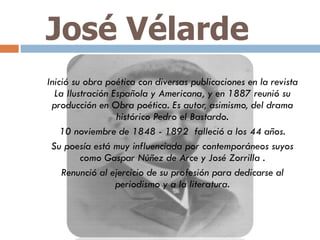 José Vélarde Inició su obra poética con diversas publicaciones en la revista La Ilustración Española y Americana, y en 188...