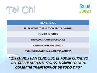 Tai Chi“LOS CHINOS HAN CONOCIDO EL PODER CURATIVO DEL TAI CHI DURANTE SIGLOS, USÁNDOLO PARA COMBATIR TRANSTORNOS DE TODO TIPO”