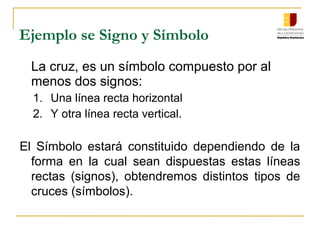Ejemplo se Signo y Símbolo
La cruz, es un símbolo compuesto por al
menos dos signos:
1. Una línea recta horizontal
2. Y otra línea recta vertical.
El Símbolo estará constituido dependiendo de la
forma en la cual sean dispuestas estas líneas
rectas (signos), obtendremos distintos tipos de
cruces (símbolos).
 