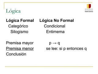 Lógica
Lógica Formal Lógica No Formal
  Categórico     Condicional
    Silogismo       Entimema
Premisa mayor p → q
Premisa menor           se lee: si p entonces q
Conclusión
 