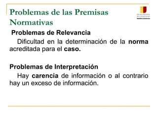 Problemas de las Premisas
Normativas
Problemas de Relevancia
Dificultad en la determinación de la norma
acreditada para el caso.
Problemas de Interpretación
Hay carencia de información o al contrario
hay un exceso de información.
 