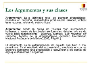 Los Argumentos y sus clases
Argumentar: Es la actividad total de plantear pretensiones,
ponerlas en cuestión, respaldarlas produciendo razones, criticar
esas razones, refutando esas críticas.
Argumento: desde la óptica de Toulmin “son interacciones
humanas a través de las cuales se formulan, debaten y/o se da
vuelta tales razonamiento” (Atienza, Manuel; “Las Razones del
Derecho: Teorías de la Argumentación Jurídica”; Universidad
Nacional Autónoma de México, 2005; Pág.84.)
El argumento es la exteriorización de aquello que bien o mal
pensamos. Es el resultado del razonamiento, mediante el cual se
pretende demostrar una proposición ó convencer a los demás de
algo que afirmamos o negamos.
 