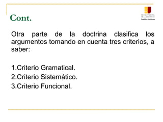 Cont.
Otra parte de la doctrina clasifica los
argumentos tomando en cuenta tres criterios, a
saber:
1.Criterio Gramatical.
2.Criterio Sistemático.
3.Criterio Funcional.
 