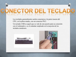 Los teclados generalmente suelen conectarse a la parte trasera del
CPU, en la placa madre, con un conector PS/2.
Un teclado USB es aquel que se vale de este puerto para su conexión
con el ordenador y es el estándar empleado en la mayoría de los
teclados modernos.
 
