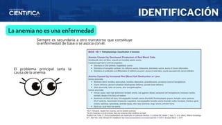 IDENTIFICACIÓN
La anemia no es una enfermedad
Siempre es secundaria a otro transtorno que constituye
la enfermedad de base o se asocia con él.
El problema principal sería la
causa de la anemia
 