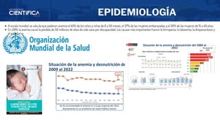 EPIDEMIOLOGÍA
A escala mundial, se calcula que padecen anemia el 40% de los niños y niñas de 6 a 59 meses, el 37% de las mujeres embarazadas y el 30% de las mujeres de 15 a 49 años.
En 2019, la anemia causó la pérdida de 50 millones de años de vida sana por discapacidad. Las causas más importantes fueron la ferropenia, la talasemia, la drepanocitosis y
el paludismo.
 