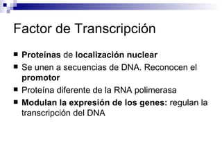 Factor de Transcripción
   Proteínas de localización nuclear
   Se unen a secuencias de DNA. Reconocen el
    promotor
   Proteína diferente de la RNA polimerasa
   Modulan la expresión de los genes: regulan la
    transcripción del DNA
 