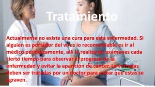 Tratamiento
Actualmente no existe una cura para esta enfermedad. Si
alguien es portador del virus lo recomendable es ir al
médico periódicamente, allí le realizaran exámenes cada
cierto tiempo para observar el progreso de la
enfermedad y evitar la aparición de cáncer. La verrugas
deben ser tratadas por un doctor para evitar que estas se
agraven.
 
