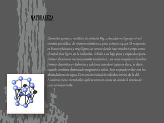 NATURALEZA
Elemento químico, metálico de símbolo Mg., colocado en el grupo 2ª del
sistema periódico, de número atómico 12, peso atómico 24.312. El magnesio
es blanco plateado y muy ligero, se conoce desde hace mucho tiempo como
el metal mas ligero en la industria, debido a su bajo peso y capacidad para
formar aleaciones mecánicamente resistentes. Los iones magnesio disueltos
forman depósitos en tuberías y calderas cuando el agua es dura, es decir,
cuando contiene demasiado magnesio o calcio. Esto se puede evitar con los
ablandadores de agua. Con una densidad de solo dos tercios de la del
Aluminio, tiene incontables aplicaciones en casos en donde el ahorro de
peso es importante.
 