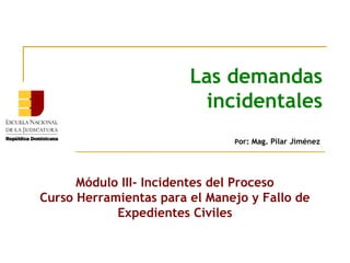 Las demandas
incidentales
Por: Mag. Pilar Jiménez
Módulo III- Incidentes del Proceso
Curso Herramientas para el Manejo y Fallo de
Expedientes Civiles
 