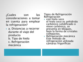 ¿Cuales son las
consideraciones a tomar
en cuenta para emplear
la refrigeración?
 a. Distancias a recorrer
durante el viaje del
producto
b. Tipo de hielo
c. Refrigeración
mecánica
Tipos de Refrigeración
Refrigeración
 con hielo seco
el hielo seco es anhídrido
carbónico solidificado o
nieve carbónica, se
presenta en bloques,
bajo la forma de cristales
compactos.
 Refrigeración mecánica
Este método de
refrigeración utilizada
cámaras frigoríficas
 