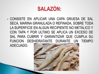  CONSISTE EN APLICAR UNA CAPA GRUESA DE SAL
SECA, MARINA GRANULADA O REFINADA, SOBRE TODA
LA SUPERFICIE EN ALGUN RECIPIENTE NO METÁLICO Y
CON TAPA Y POR ULTIMO SE APLICA UN EXCESO DE
SAL PARA CUBRIR Y GARANTIZAR QUE CUMPLA SU
FUNCION DESHIDRATANTE DURANTE UN TIEMPO
ADECUADO.
 