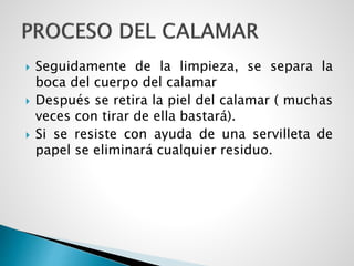  Seguidamente de la limpieza, se separa la
boca del cuerpo del calamar
 Después se retira la piel del calamar ( muchas
veces con tirar de ella bastará).
 Si se resiste con ayuda de una servilleta de
papel se eliminará cualquier residuo.
 