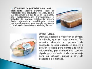  Conservas de pescados y mariscos
Transporte seguro durante todo el
recorrido: sus productos frescos, como
las conservas en aceite o en salmuera,
son cuidadosamente transportadas y
selladas de manera totalmente segura
(bajo atmósfera modificada como
opción) durante el proceso de envasado
con el exclusivo sistema Walking Beam.
Dream-Steam
Delicada cocción al vapor en el envase:
la válvula, que se integra en el film
superior durante el proceso de
envasado, se abre cuando se somete a
presión elevada pero controlada en el
microondas, permitiendo una cocción
rápida pero delicada: toda una ventaja
para los sabrosos platos a base de
pescado o de marisco.
 