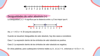 Desigualdades de valor absoluto (>):
La desigualdad | x | > 4 significa que la distancia entre x y 0 es mayor que 4.
Así, x < -4 O x > 4. El conjunto solución es .
Cuando se resuelven desigualdes de valor absoluto, hay dos casos a considerar.
Caso 1: La expresión dentro de los símbolos de valor absoluto es positiva.
Caso 2: La expresión dentro de los símbolos de valor absoluto es negativa.
En otras palabras, para cualesquiera números reales a y b , si | a | > b , entonces a > b O a < - b .
 