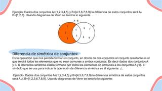 Ejemplo: Dados dos conjuntos A={1,2,3,4,5} y B={4,5,6,7,8,9} la diferencia de estos conjuntos será A-
B={1,2,3}. Usando diagramas de Venn se tendría lo siguiente
Diferencia de simétrica de conjuntos:
Es la operación que nos permite formar un conjunto, en donde de dos conjuntos el conjunto resultante es el
que tendrá todos los elementos que no sean comunes a ambos conjuntos. Es decir dados dos conjuntos A
y B, la diferencia simétrica estará formado por todos los elementos no comunes a los conjuntos A y B. El
símbolo que se usa para indicar la operación de diferencia simétrica es el siguiente: △.
Ejemplo: Dados dos conjuntos A={1,2,3,4,5} y B={4,5,6,7,8,9} la diferencia simétrica de estos conjuntos
será A △ B={1,2,3,6,7,8,9}. Usando diagramas de Venn se tendría lo siguiente:
 