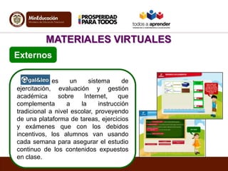 Externos
MATERIALES VIRTUALES
es un sistema de
ejercitación, evaluación y gestión
académica sobre Internet, que
complement...