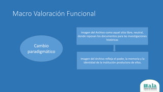 Macro Valoración Funcional
Cambio
paradigmático
Imagen del Archivo como aquel sitio libre, neutral,
donde reposan los documentos para las investigaciones
históricas
Imagen del Archivo refleja el poder, la memoria y la
identidad de la institución productora de ellos.
 