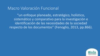 Macro Valoración Funcional
“un enfoque planeado, estratégico, holístico,
sistemático y comparativo para la investigación e
identificación de las necesidades de la sociedad
respecto de los documentos” (Fenoglio, 2013, pp.866).
 