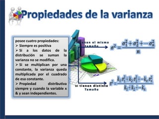 posee cuatro propiedades:
 Siempre es positiva
 Si a los datos de la
distribución se suman la
varianza no se modifica.
 Si se multiplican por una
constante, la varianza queda
multiplicada por el cuadrado
de esa constante.
 Propiedad distributiva
siempre y cuando la variable x
& y sean independientes.
 