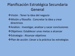 Planificación Estratégica Secundaria
General
Visión : Tener la idea del negocio
Misión y filosofía : Concretar la idea y crear
directrices
Análisis : Investigar, analizar y sacar conclusiones
Objetivos: Establecer unas metas a alcanzar
Estrategia : Alcanzar objetivos
Plan de acción: Llevar a la práctica las estrategias
 